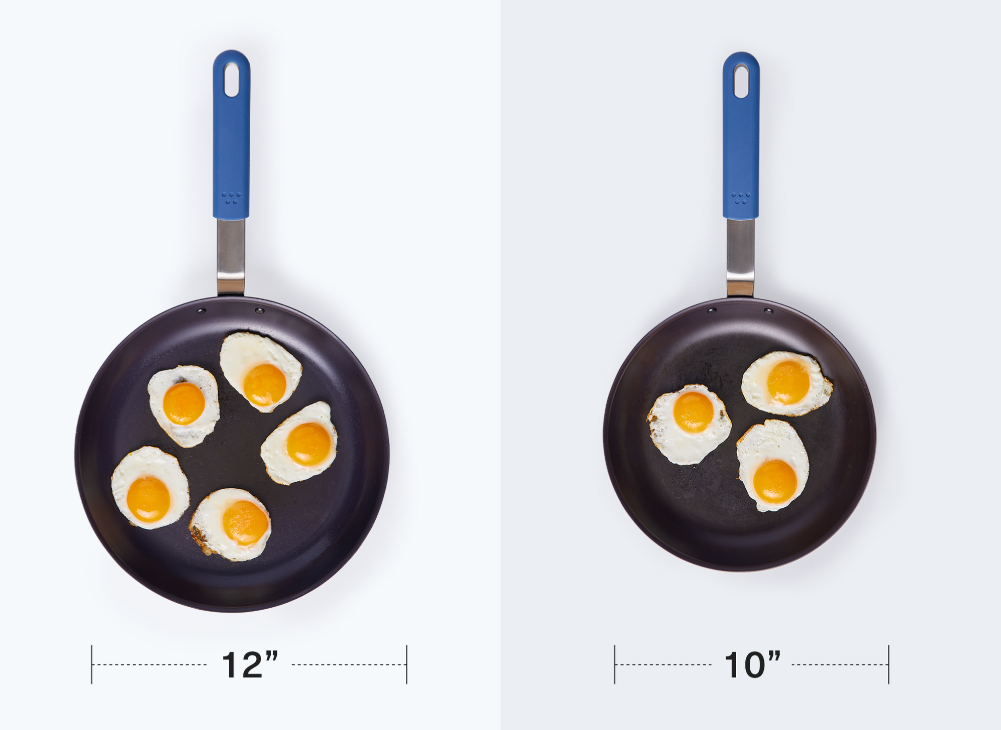 A 12 inch Misen Pre-Seasoned Carbon Steel Pan can fit five eggs while a 10 inch Misen Pre-Seasoned Carbon Steel Pan can fit three eggs.