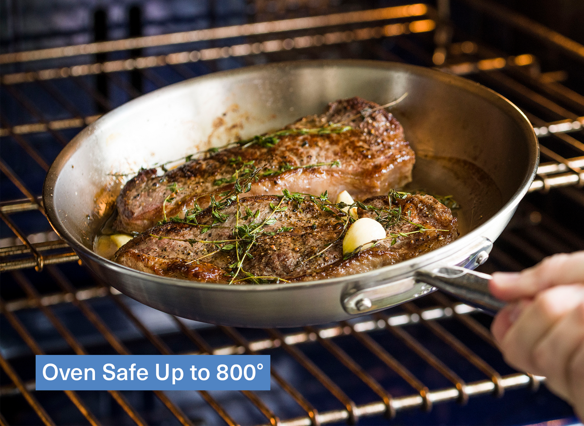The Misen Stainless Steel Skillet is oven safe up to 800 degrees