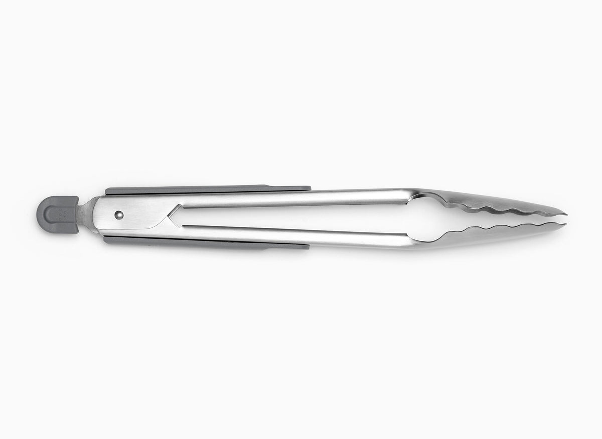 Gray Misen Metal Tongs in a closed position, seen from the side on a seamless white background.