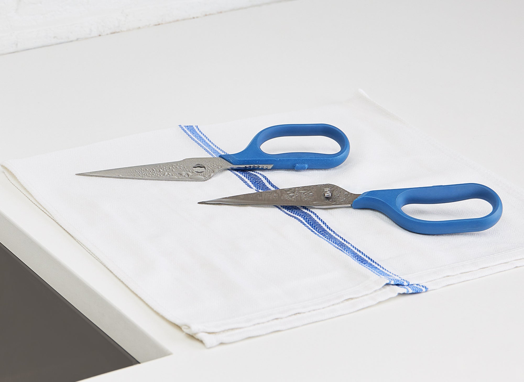 {{blue,black,gray,green,red}} Detached halves of Blue Misen Kitchen Shears drying on a kitchen towel.