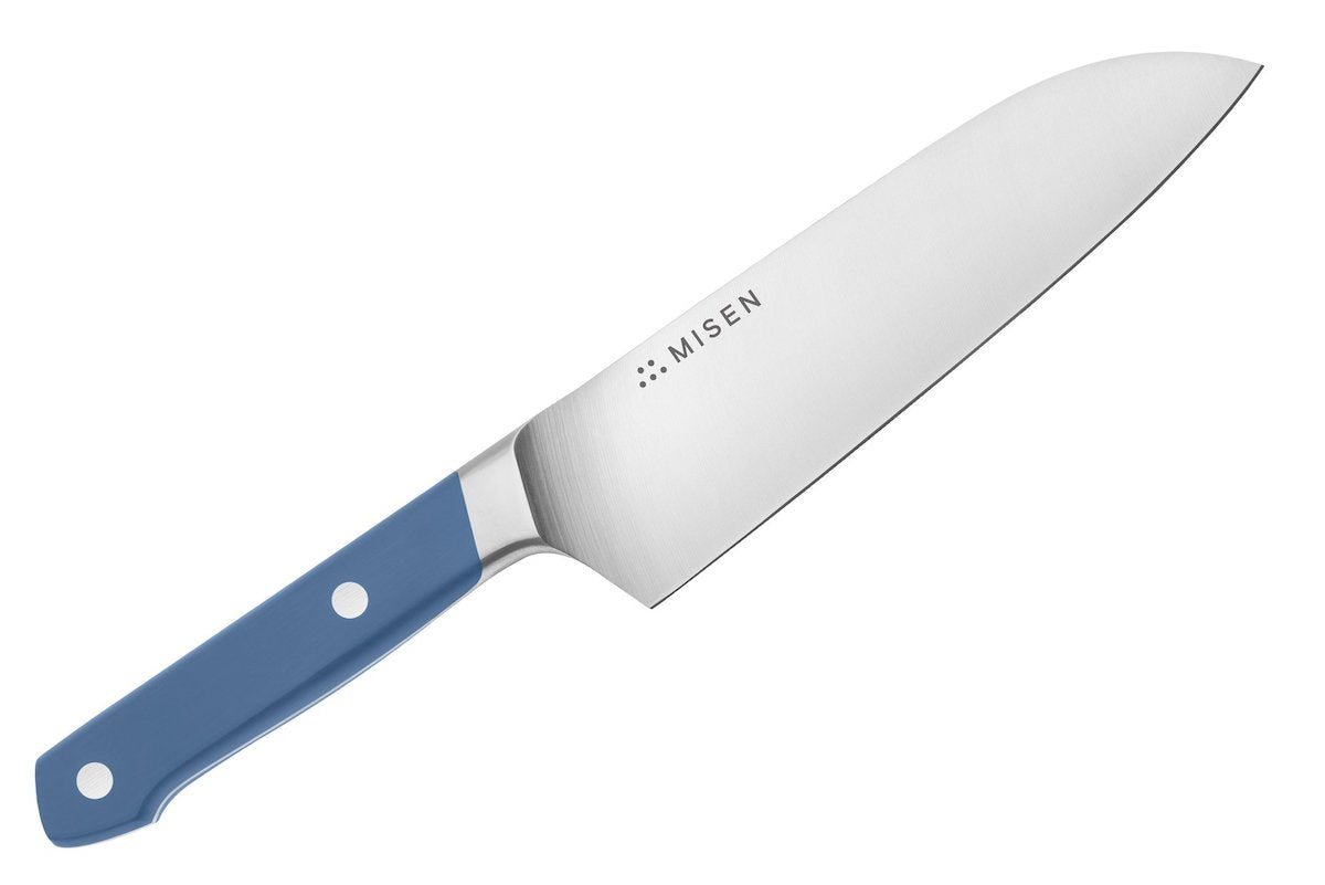 Santoku knife: the Misen santoku with a blue handle