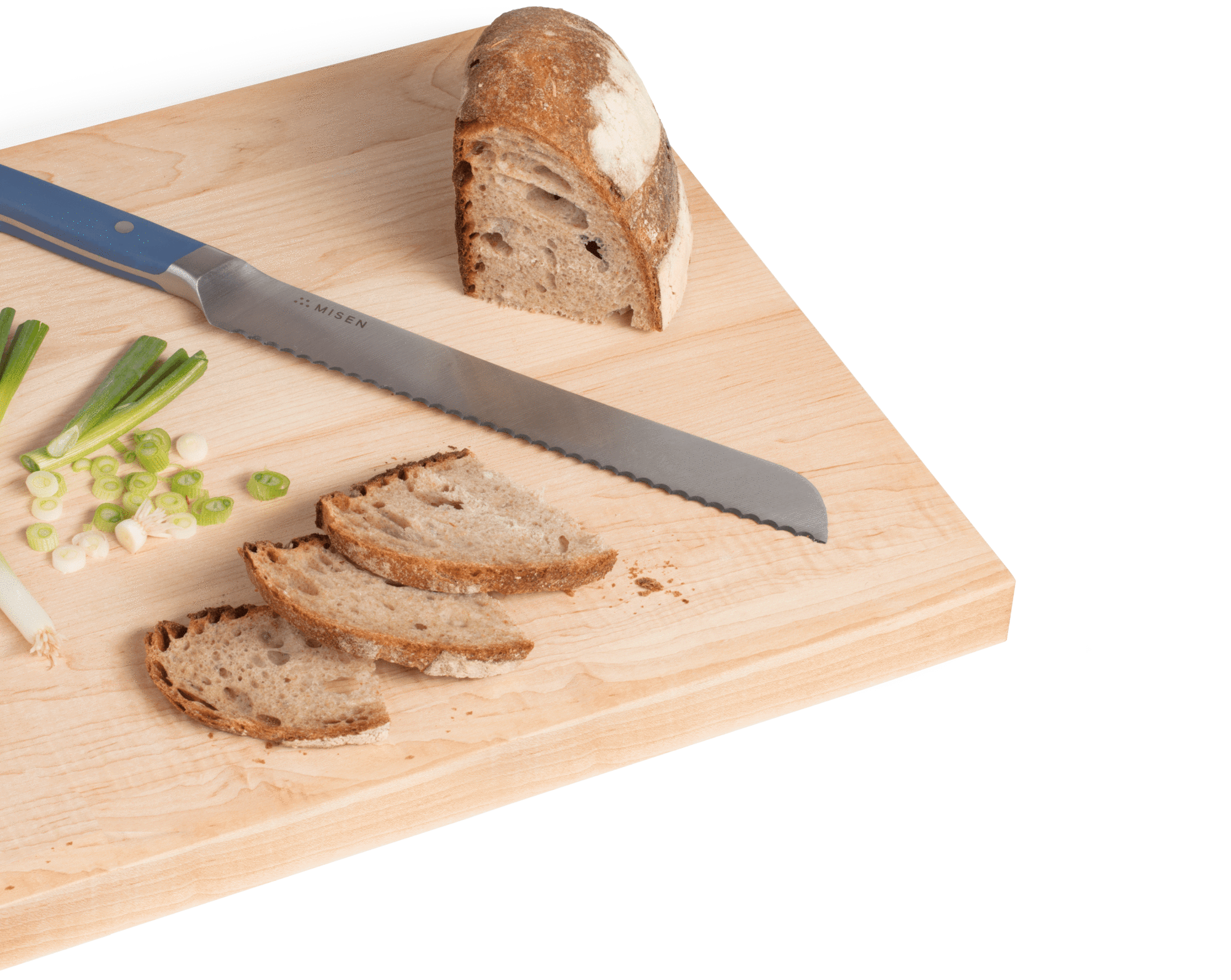 How to sharpen a serrated knife: a serrated knife on a cutting board with sliced bread