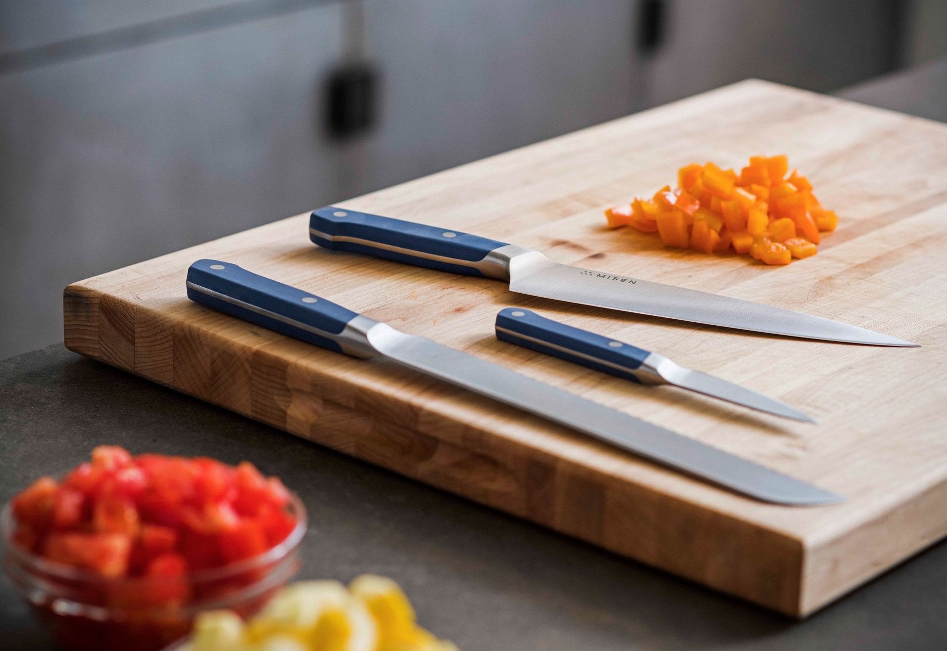 Knife set: the Misen Essentials Knife Set on a cutting board