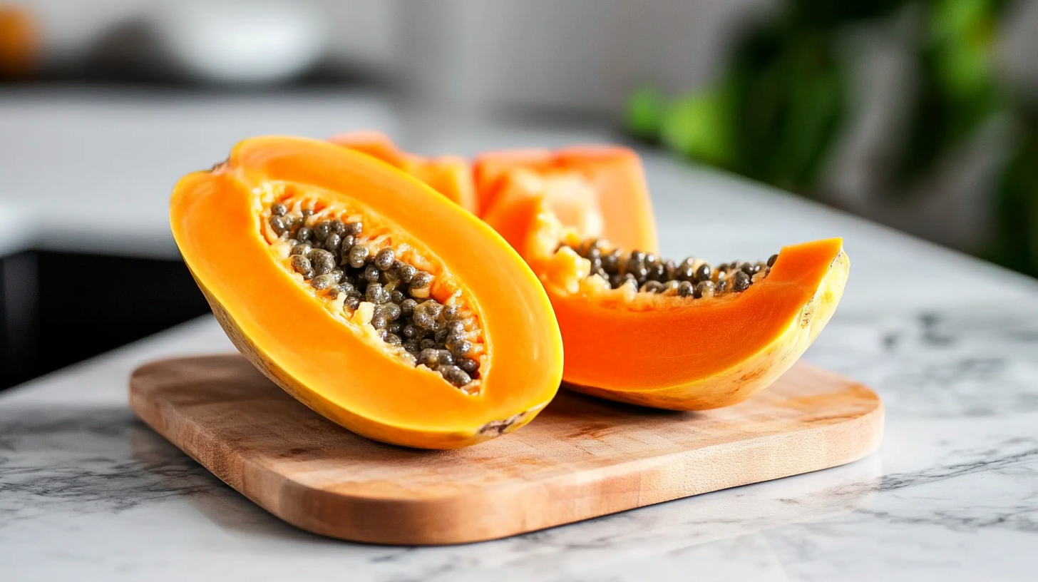 Close-up of a cut papaya on a wooden cutting board showing bright orange flesh and black seeds