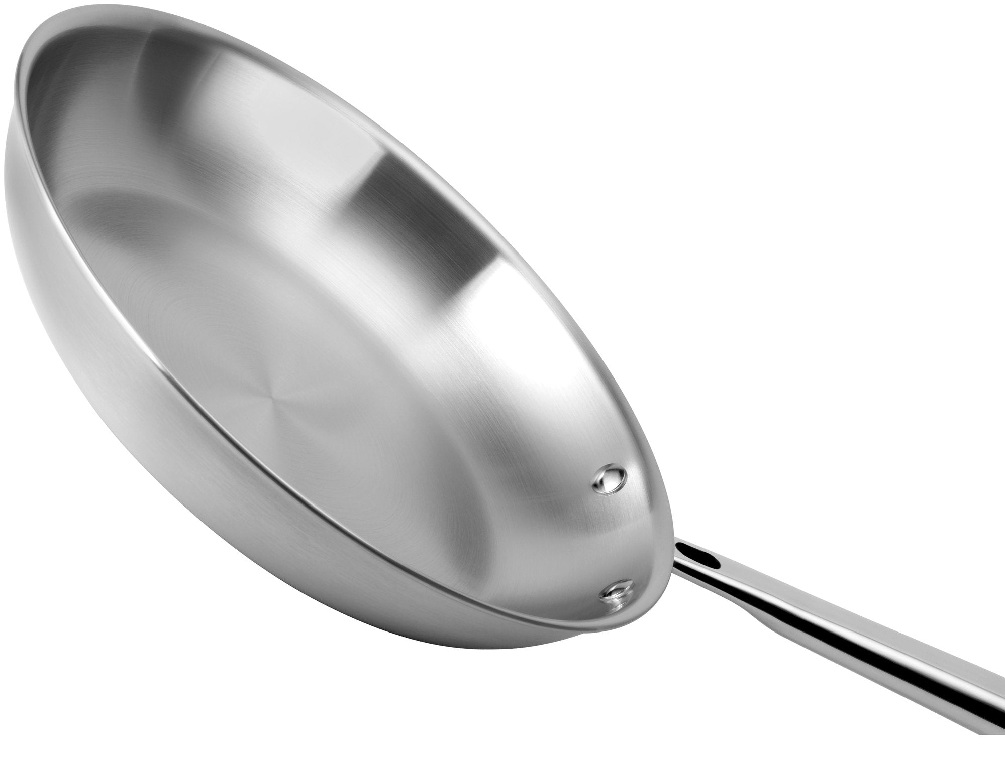 Brushed stainless steel frying pan interior with two rivets and polished metal handle