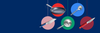 The image is a dark blue banner featuring various Misen cookware and knives suspended within colored circles. A Misen Carbon Nonstick™ Frying Pan is in a red circle, and a Chef's Spoon is in a blue circle. Below them, a 6" Bunka with a blue handle rests in a light pink circle, a Saucier with a lid is in a green circle, and a 3.5" Paring Knife with a red handle is in a maroon circle. Each circle has a matching colored line extending upwards, creating a cohesive visual arrangement against the dark background.
