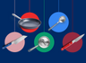 The image is a dark blue banner featuring various Misen cookware and knives suspended within colored circles. A Misen Carbon Nonstick™ Frying Pan is in a red circle, and a Chef's Spoon is in a blue circle. Below them, a 6