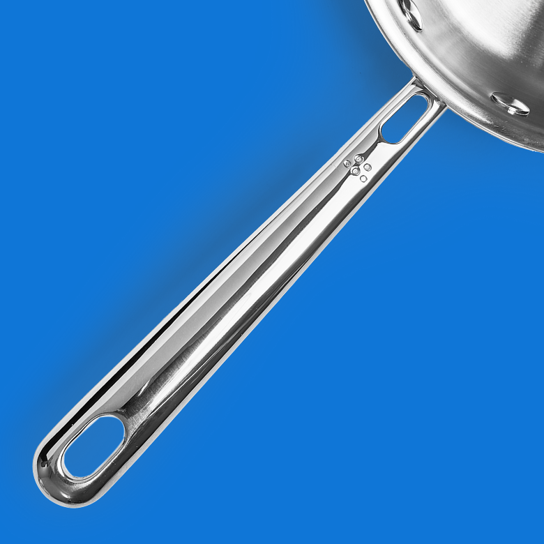 Stainless steel pan handle with hanging hole and riveted attachment detail