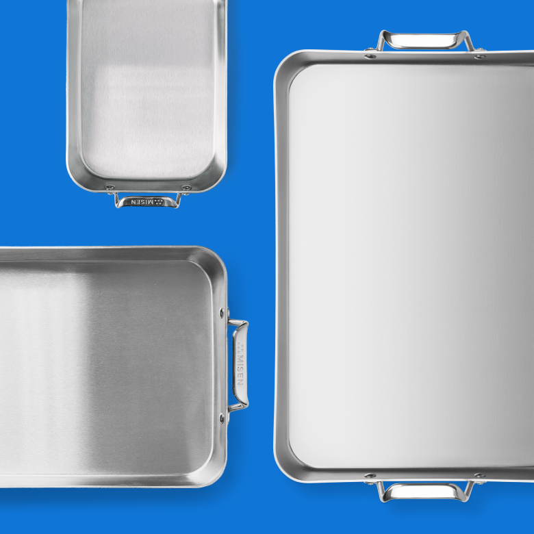Misen stainless steel baking sheets set of three sizes on blue background