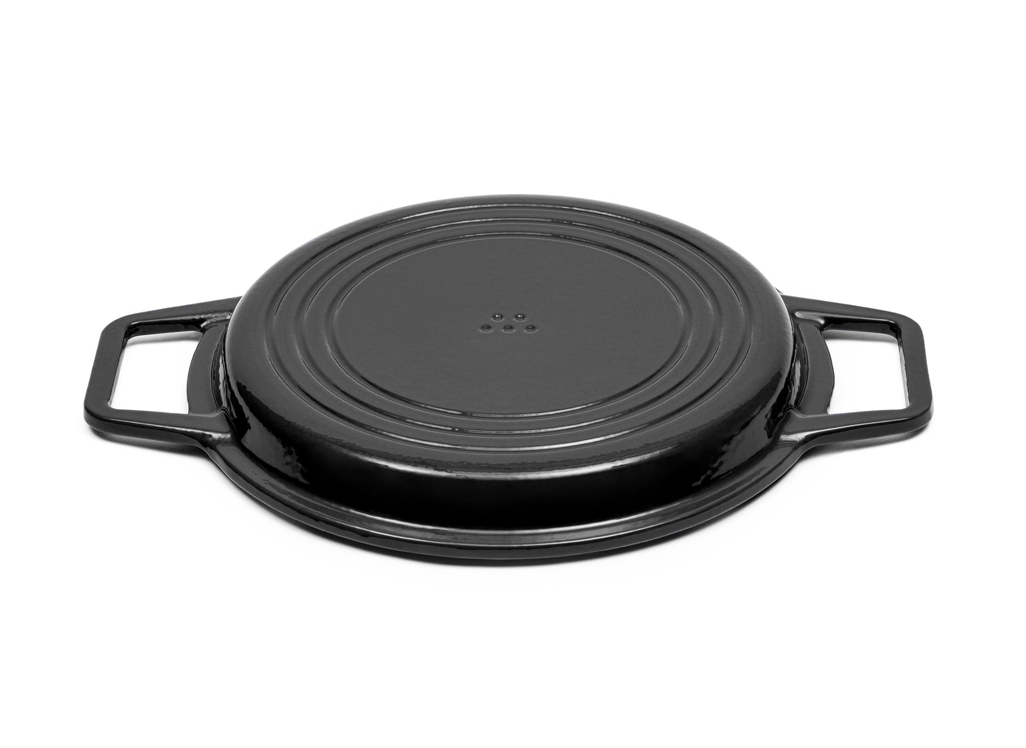 Black Grill Lid for 7-quart Dutch oven face down on white background.