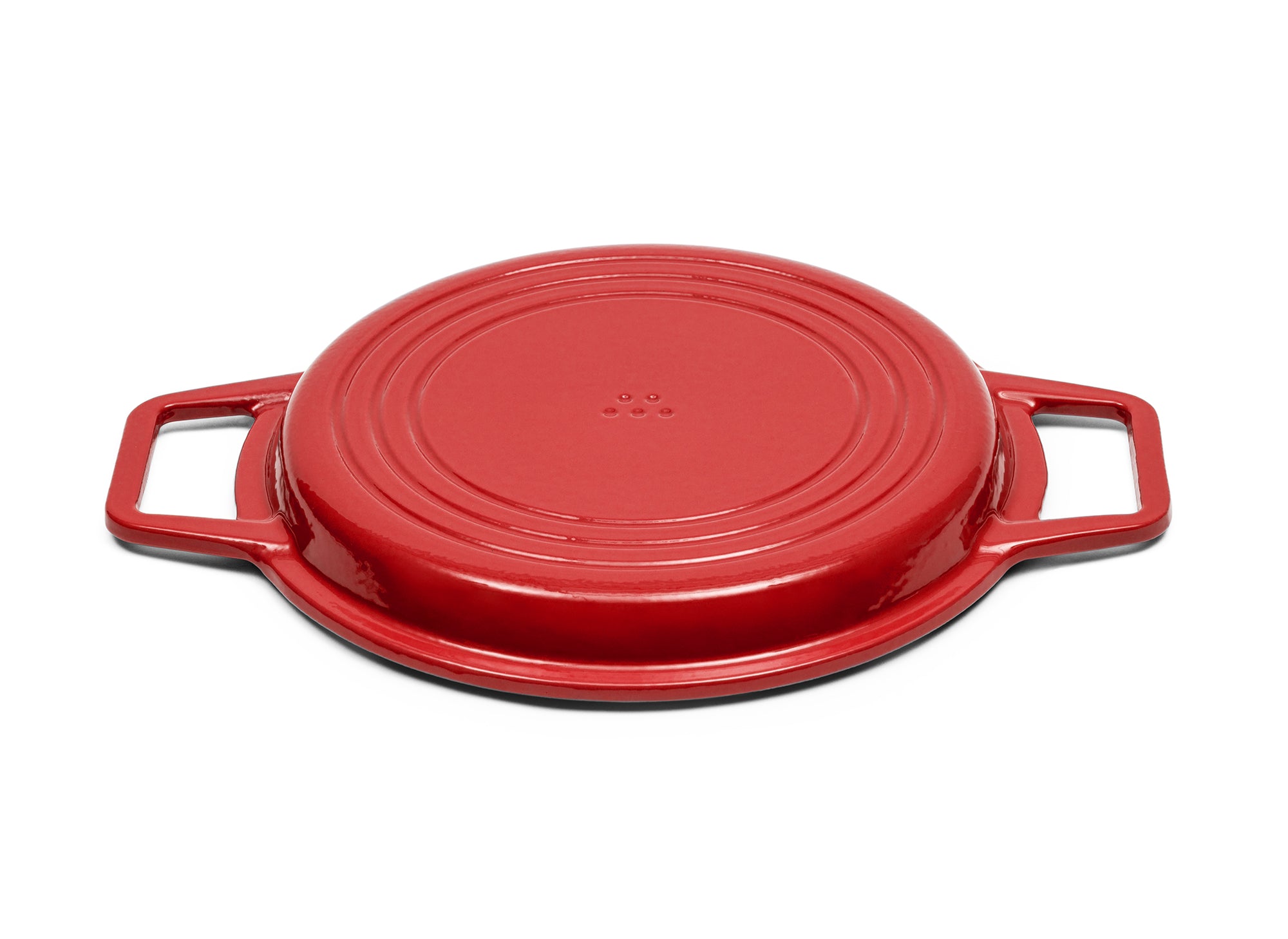 Red Grill Lid for 7-quart Dutch oven face down on white background.