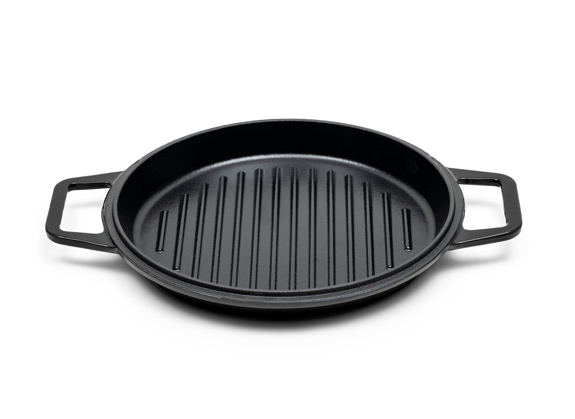 Black Grill Lid for 7-quart Dutch oven face up on white background, showing black enamel interior with raised grill lines.