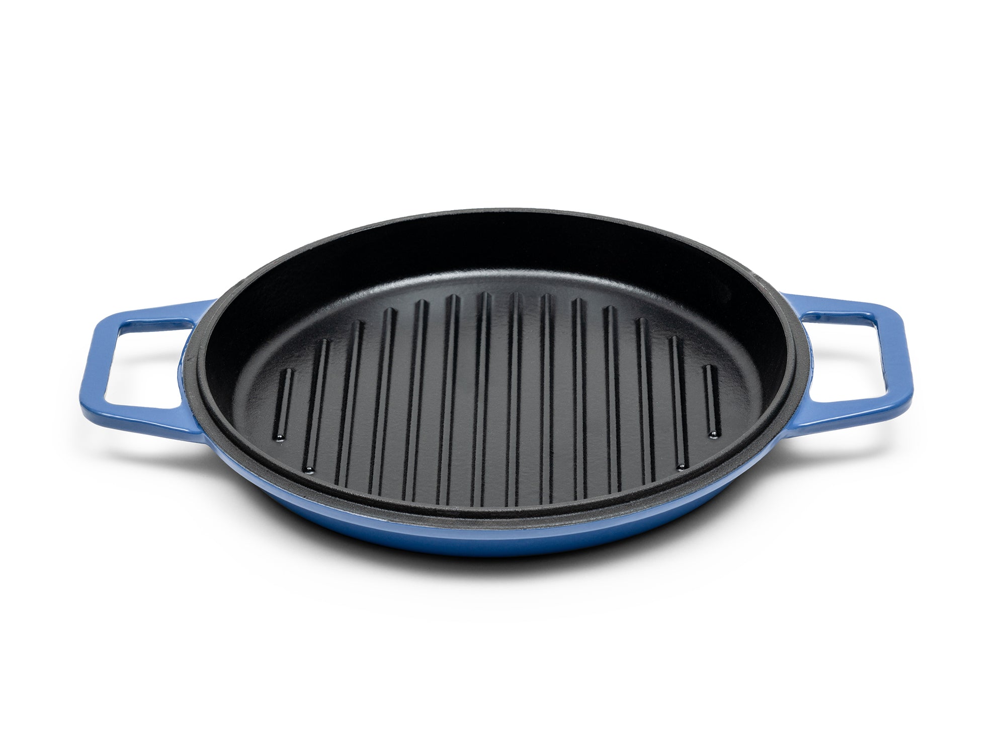 Blue Grill Lid for 7-quart Dutch oven face up on white background, showing black enamel interior with raised grill lines.