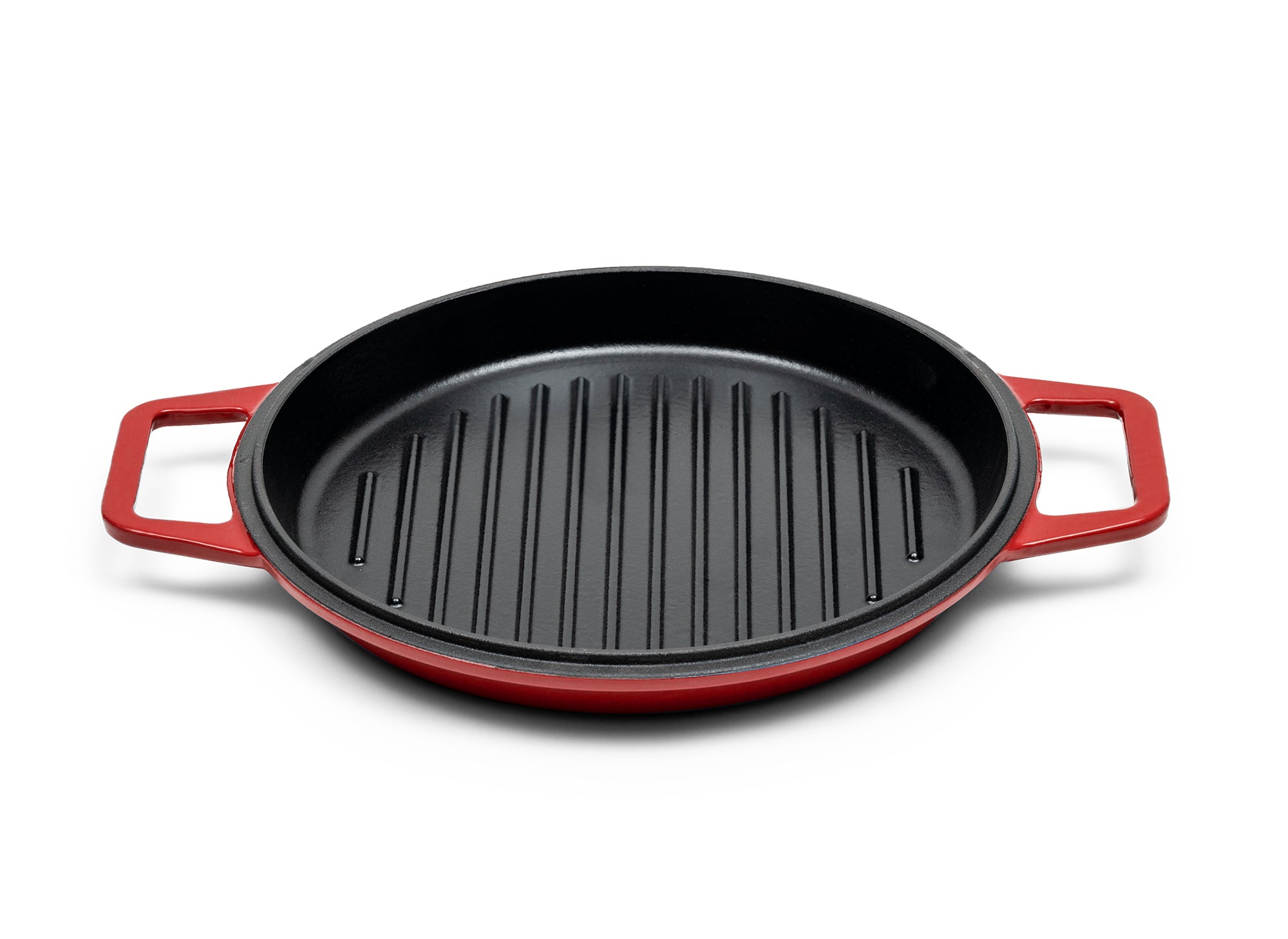 Red Grill Lid for 7-quart Dutch oven face up on white background, showing black enamel interior with raised grill lines.