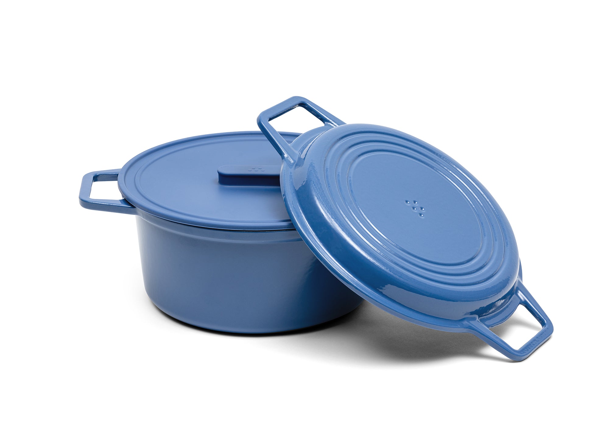 A blue 7-quart Misen Dutch Oven with matching Grill Lid and silicone Universal Lid.