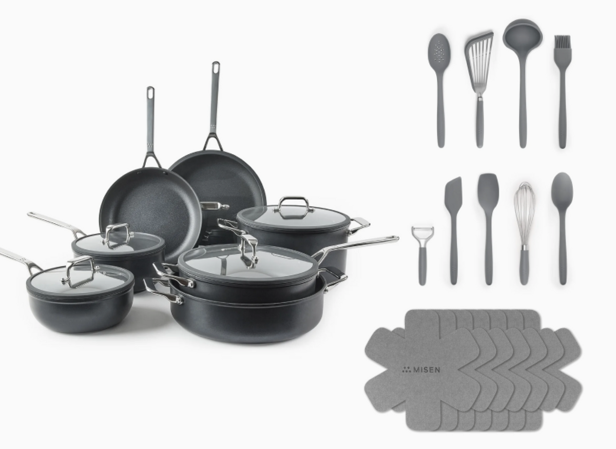 The Misen All In One Cookware Set features the 12PC Nonstick Cookware Set, seven pan protectors and the 5PC Prep Tool Set in gray.