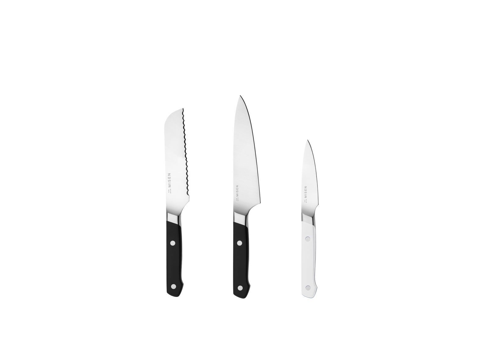 The Misen Minis set comes with a Black 5 inch Short Serrated knife, a Black 5.5 inch Utility Knife and a White 3.5 inch Paring Knife