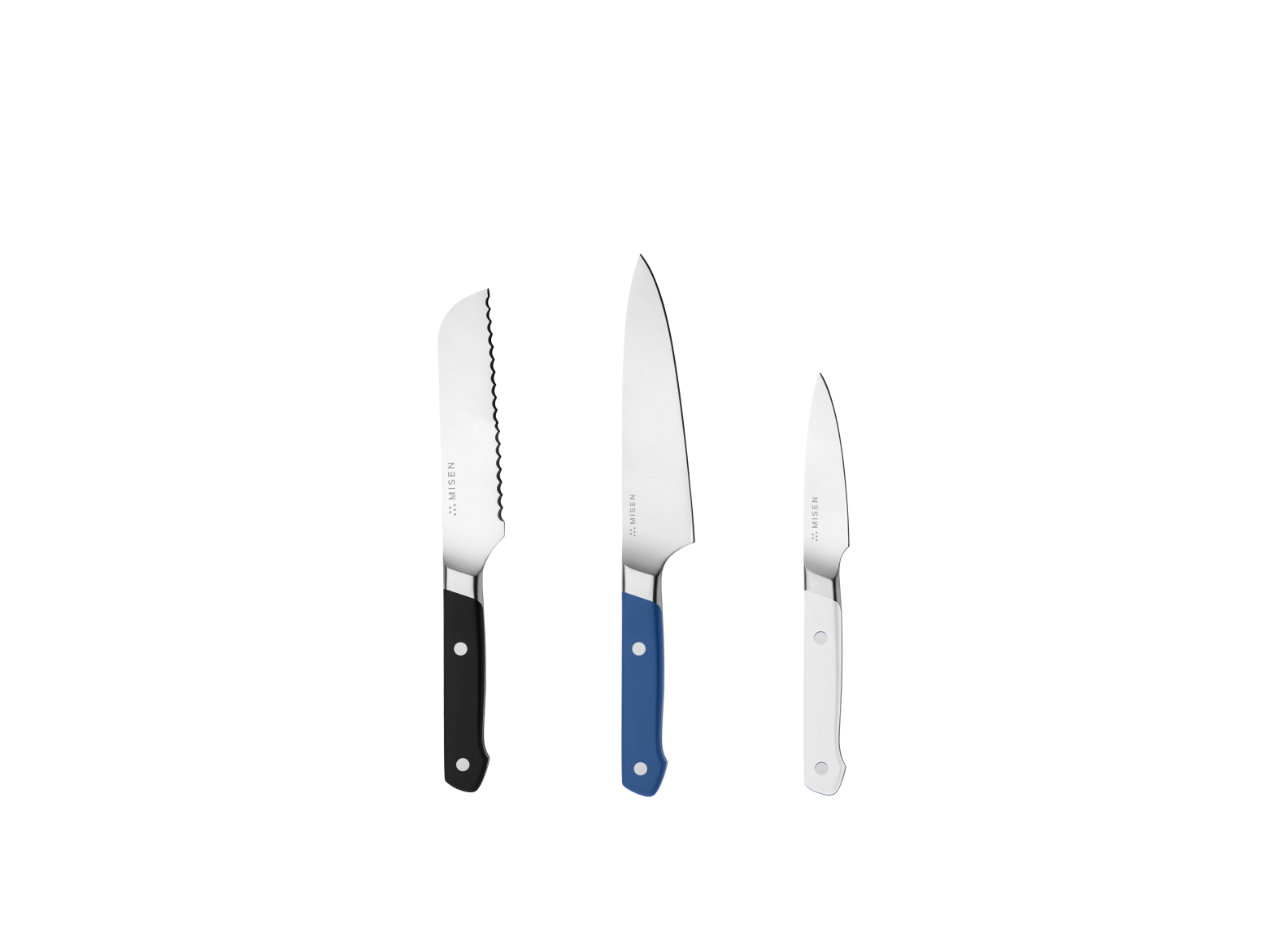 The Misen Minis set comes with a Black 5 inch Short Serrated knife, a Blue 5.5 inch Utility Knife and a White 3.5 inch Paring Knife