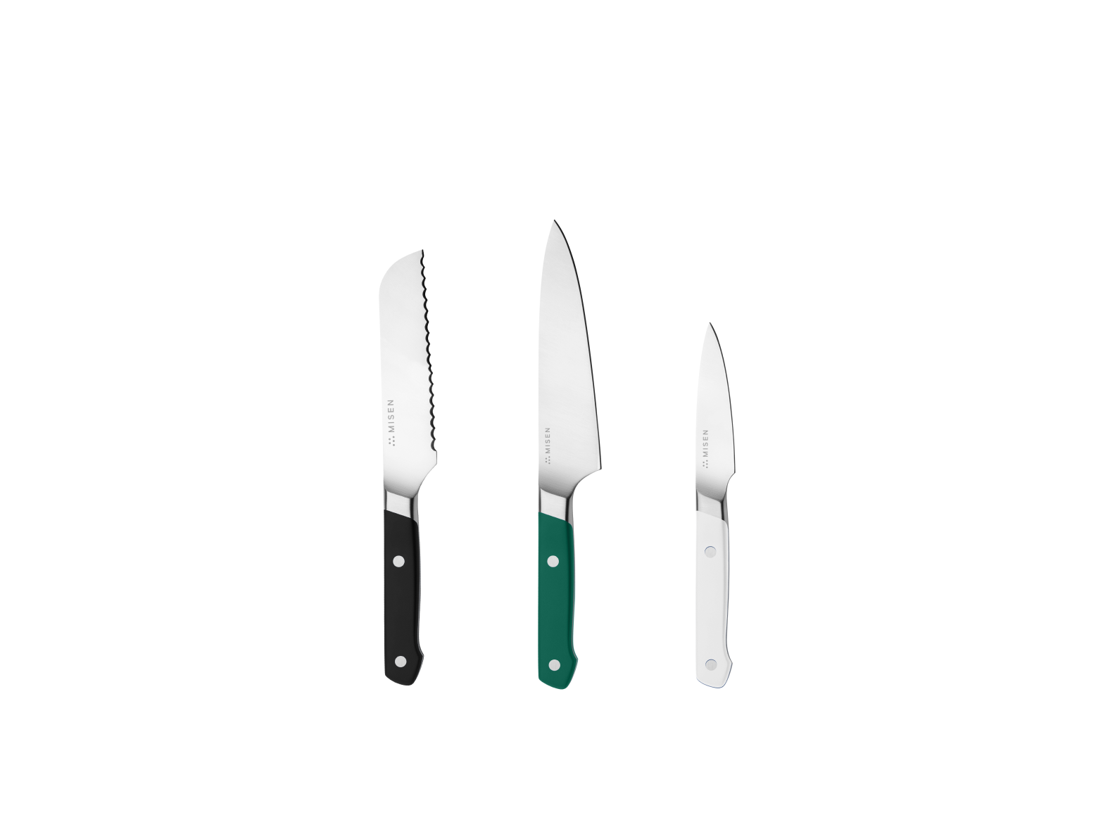 The Misen Minis set comes with a Black 5 inch Short Serrated knife, a Green 5.5 inch Utility Knife and a White 3.5 inch Paring Knife