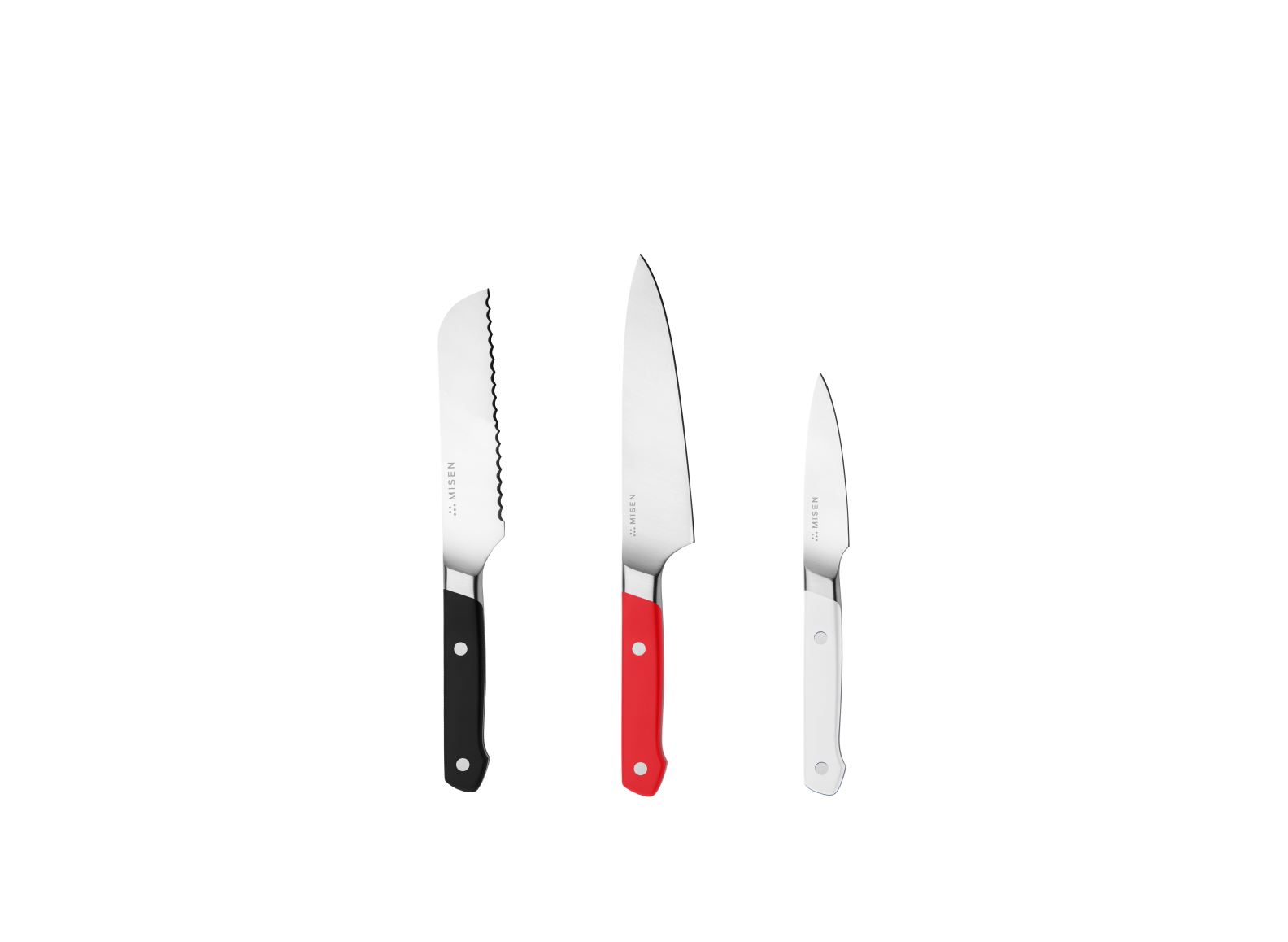 The Misen Minis set comes with a Black 5 inch Short Serrated knife, a Red 5.5 inch Utility Knife and a White 3.5 inch Paring Knife