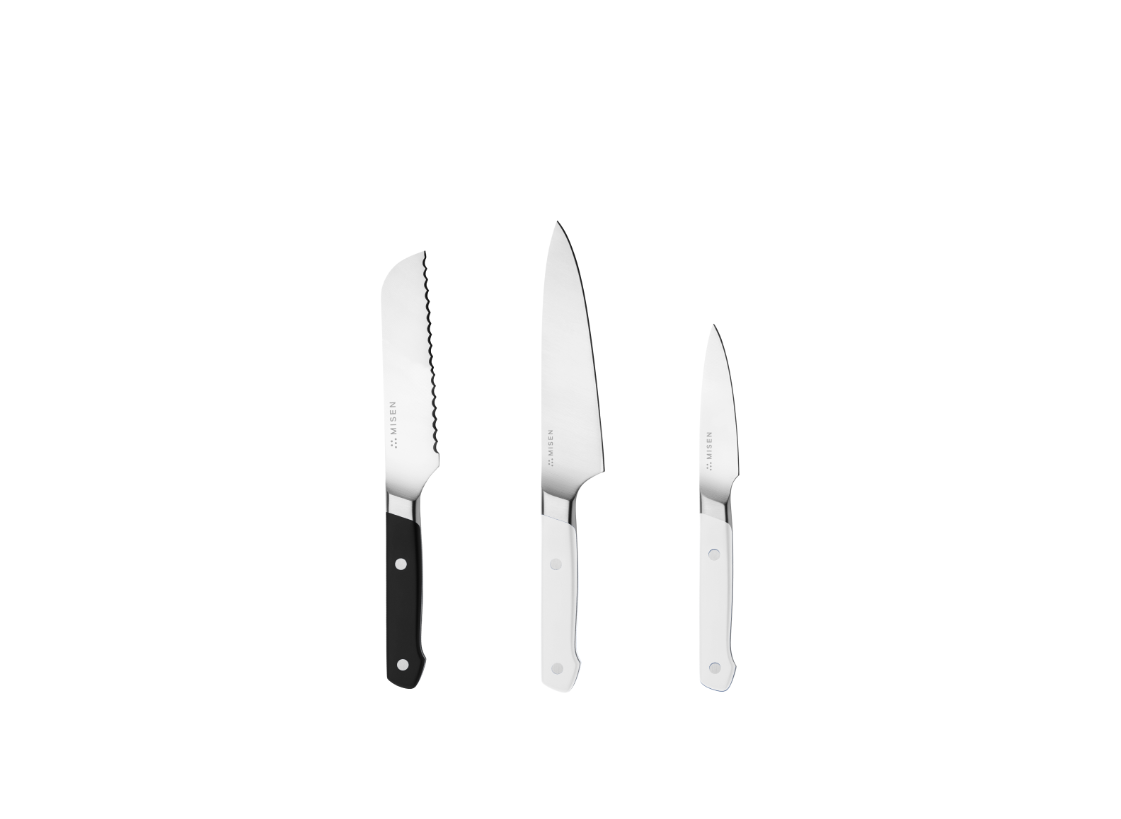 The Misen Minis set comes with a Black 5 inch Short Serrated knife, a White 5.5 inch Utility Knife and a White 3.5 inch Paring Knife