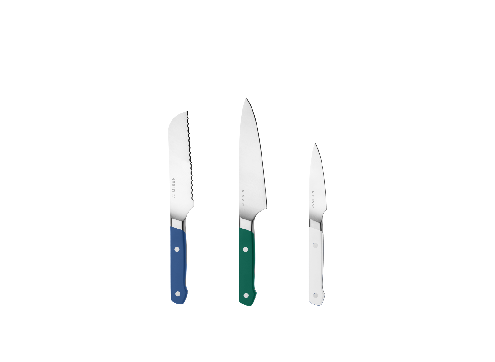 The Misen Minis set comes with a Blue 5 inch Short Serrated knife, a Green 5.5 inch Utility Knife and a White 3.5 inch Paring Knife