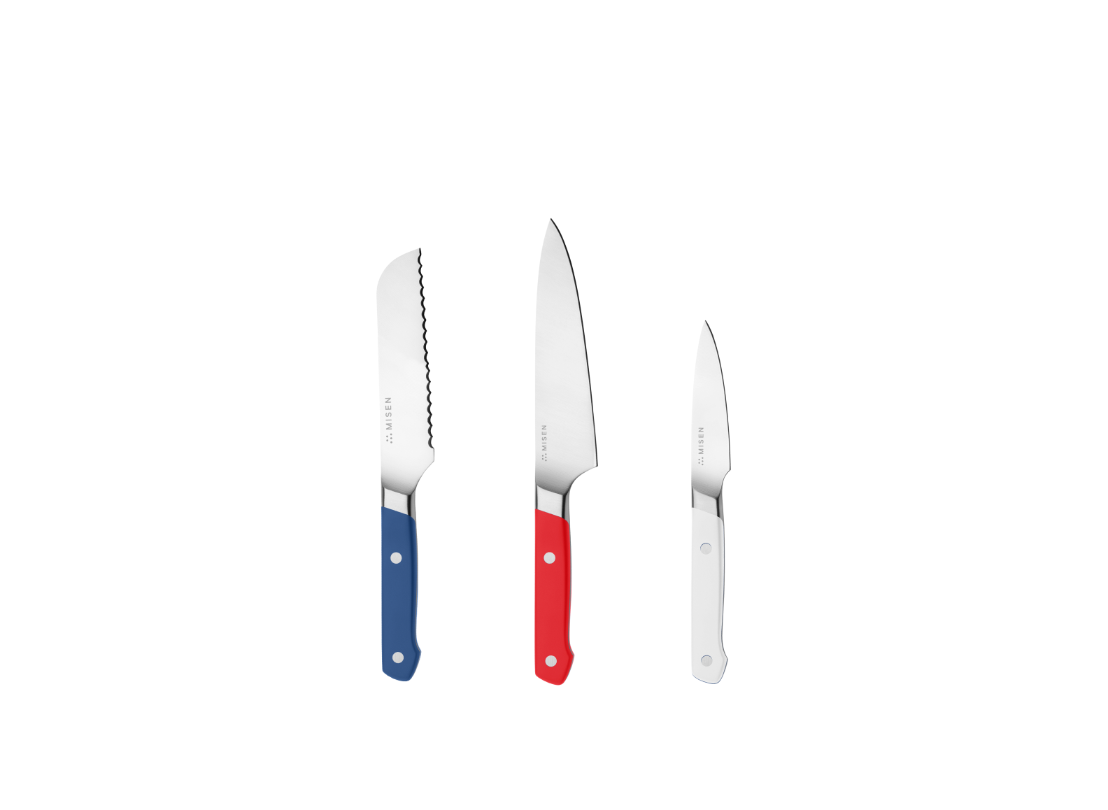 The Misen Minis set comes with a Blue 5 inch Short Serrated knife, a Red 5.5 inch Utility Knife and a White 3.5 inch Paring Knife