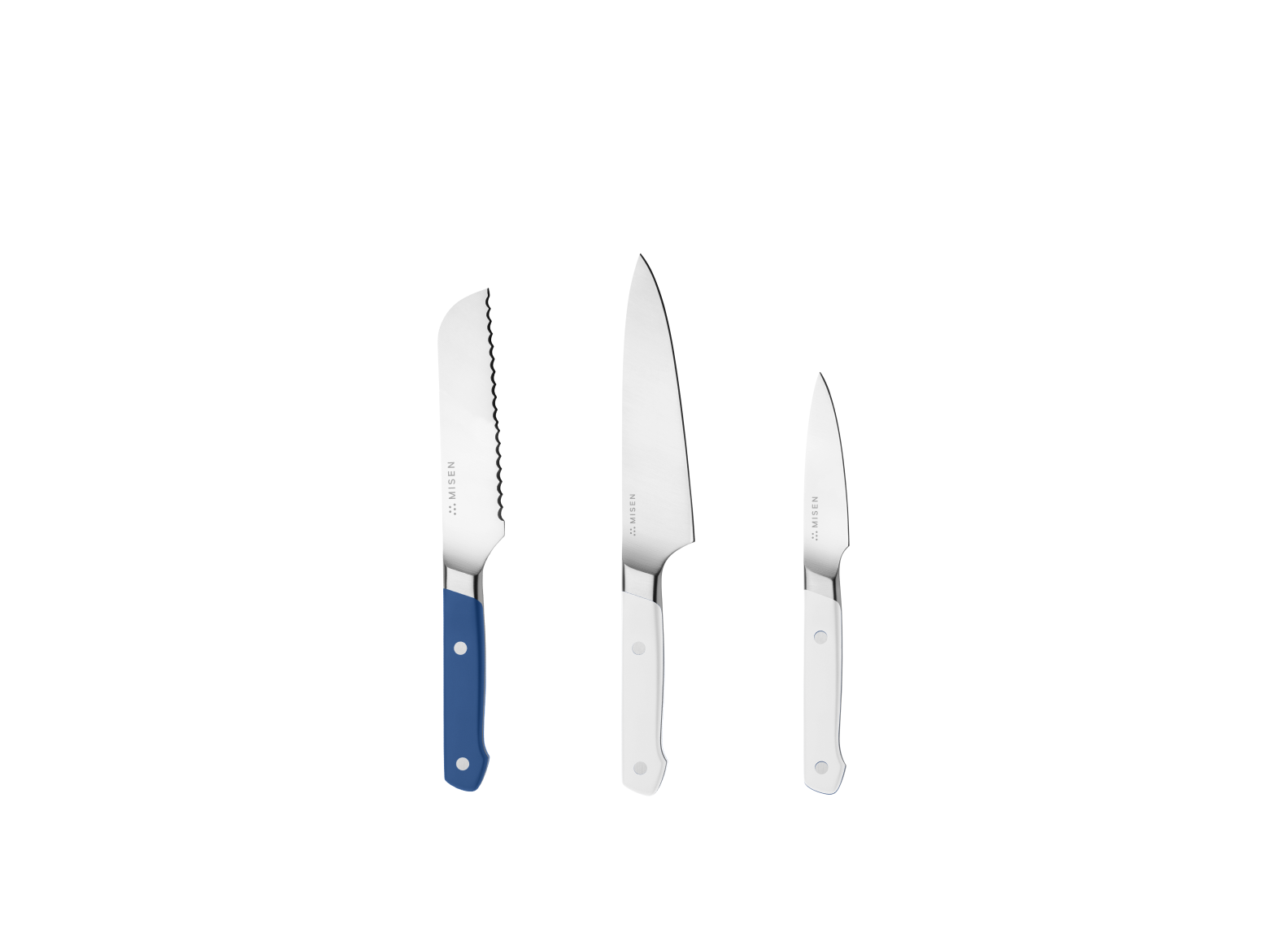 The Misen Minis set comes with a Blue 5 inch Short Serrated knife, a White 5.5 inch Utility Knife and a White 3.5 inch Paring Knife