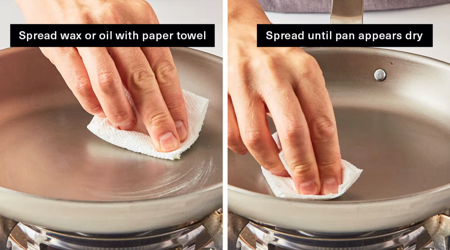 Step-by-step guide to seasoning a pan with oil using a paper towel