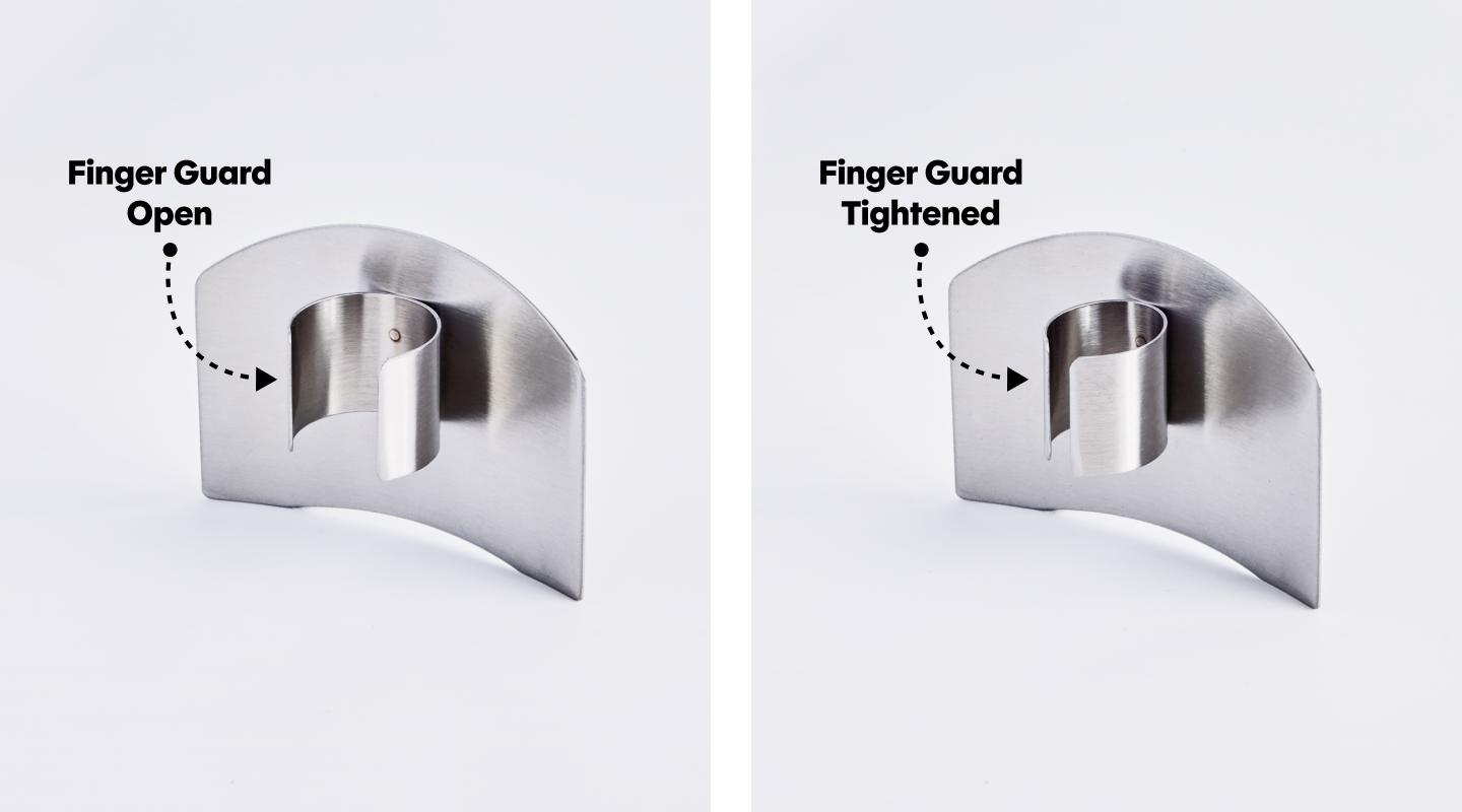 Stainless steel finger guard shown in open and tightened positions side by side