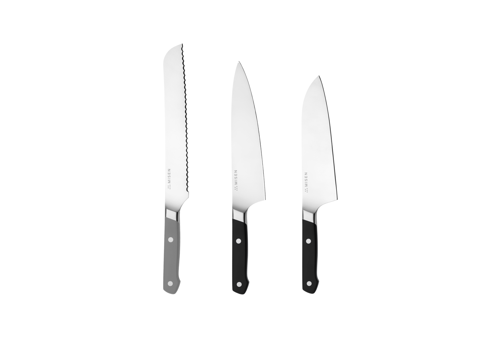 The Misen Big Knives bundle comes with an 8 inch gray Serrated Knife, a black 8 inch Chef's Knife and a black 8 inch Santoku Knife.