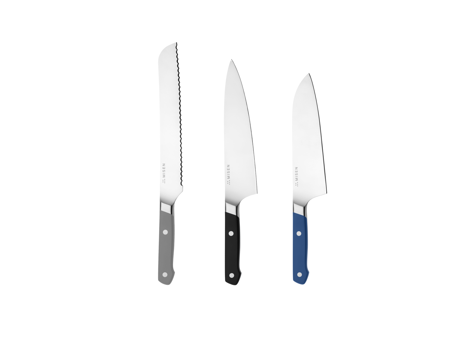 The Misen Big Knives bundle comes with an 8 inch gray Serrated Knife, a black 8 inch Chef's Knife and a blue 8 inch Santoku Knife.