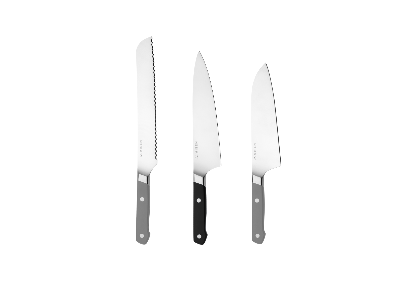 The Misen Big Knives bundle comes with an 8 inch gray Serrated Knife, a black 8 inch Chef's Knife and a gray 8 inch Santoku Knife.