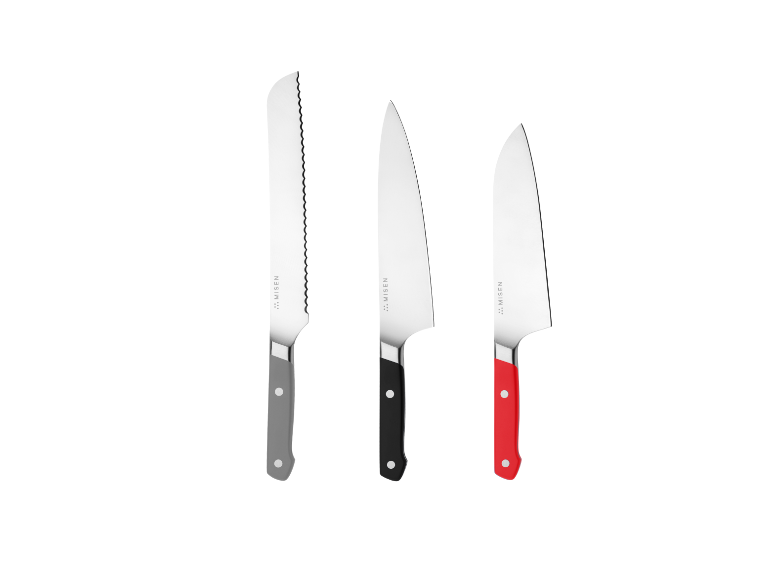 The Misen Big Knives bundle comes with an 8 inch gray Serrated Knife, a black 8 inch Chef's Knife and a red 8 inch Santoku Knife.