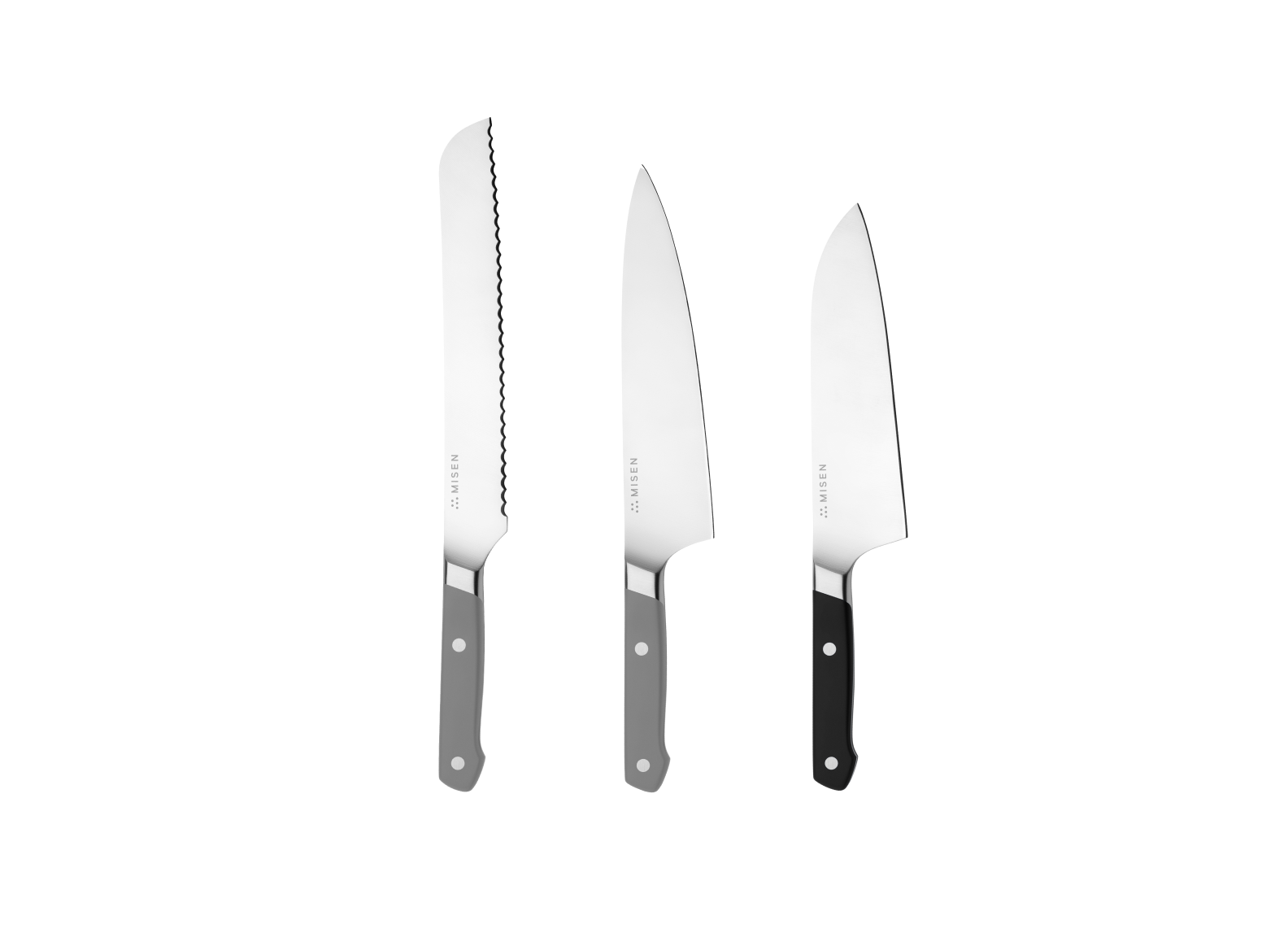 The Misen Big Knives bundle comes with an 8 inch gray Serrated Knife, a gray 8 inch Chef's Knife and a black 8 inch Santoku Knife.