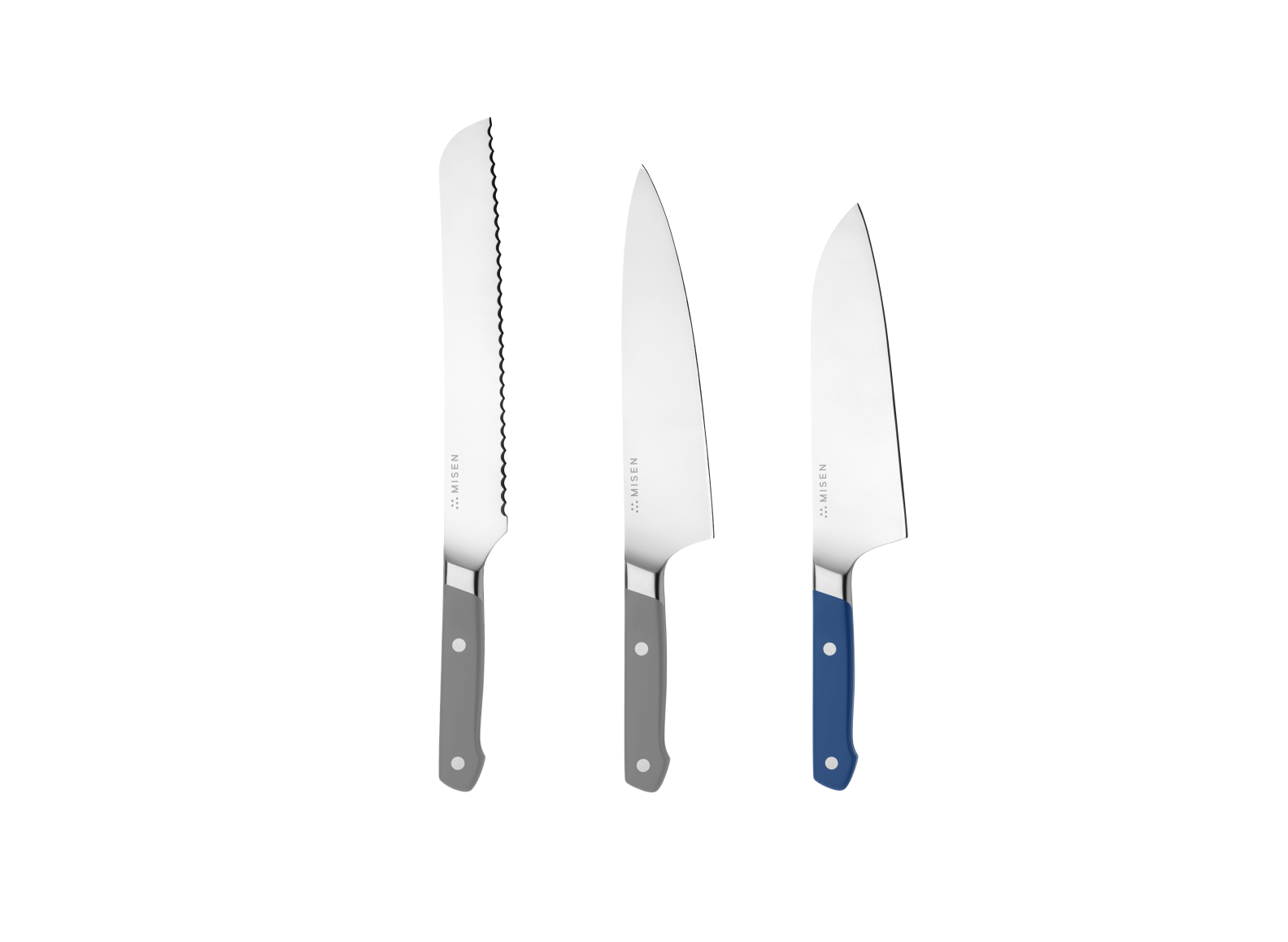 The Misen Big Knives bundle comes with an 8 inch gray Serrated Knife, a gray 8 inch Chef's Knife and a blue 8 inch Santoku Knife.