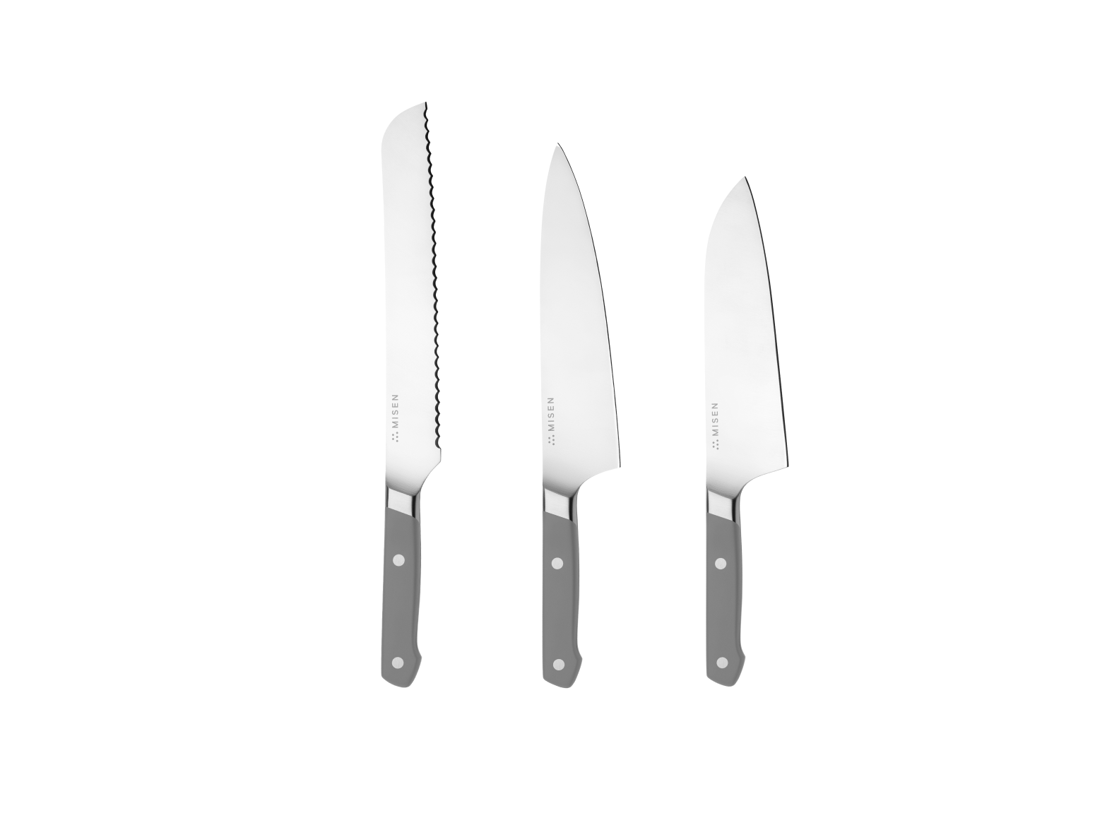 The Misen Big Knives bundle in gray comes with an 8 inch Serrated Knife, an 8 inch Chef's Knife and an 8 inch Santoku Knife.