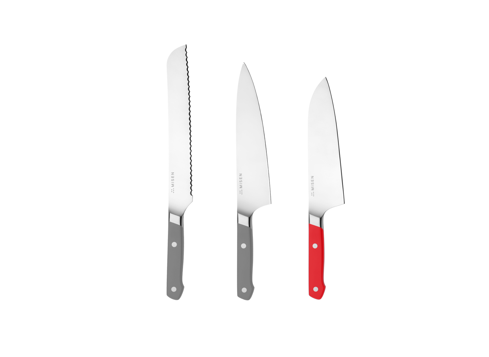 The Misen Big Knives bundle comes with an 8 inch gray Serrated Knife, a gray 8 inch Chef's Knife and a red 8 inch Santoku Knife.