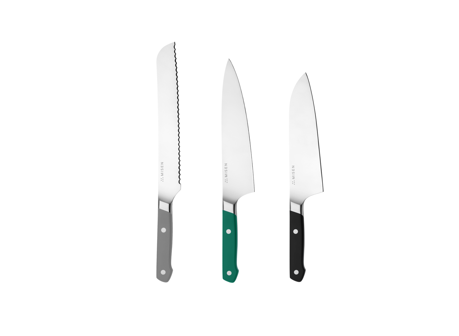 The Misen Big Knives bundle comes with an 8 inch gray Serrated Knife, a green 8 inch Chef's Knife and a black 8 inch Santoku Knife.