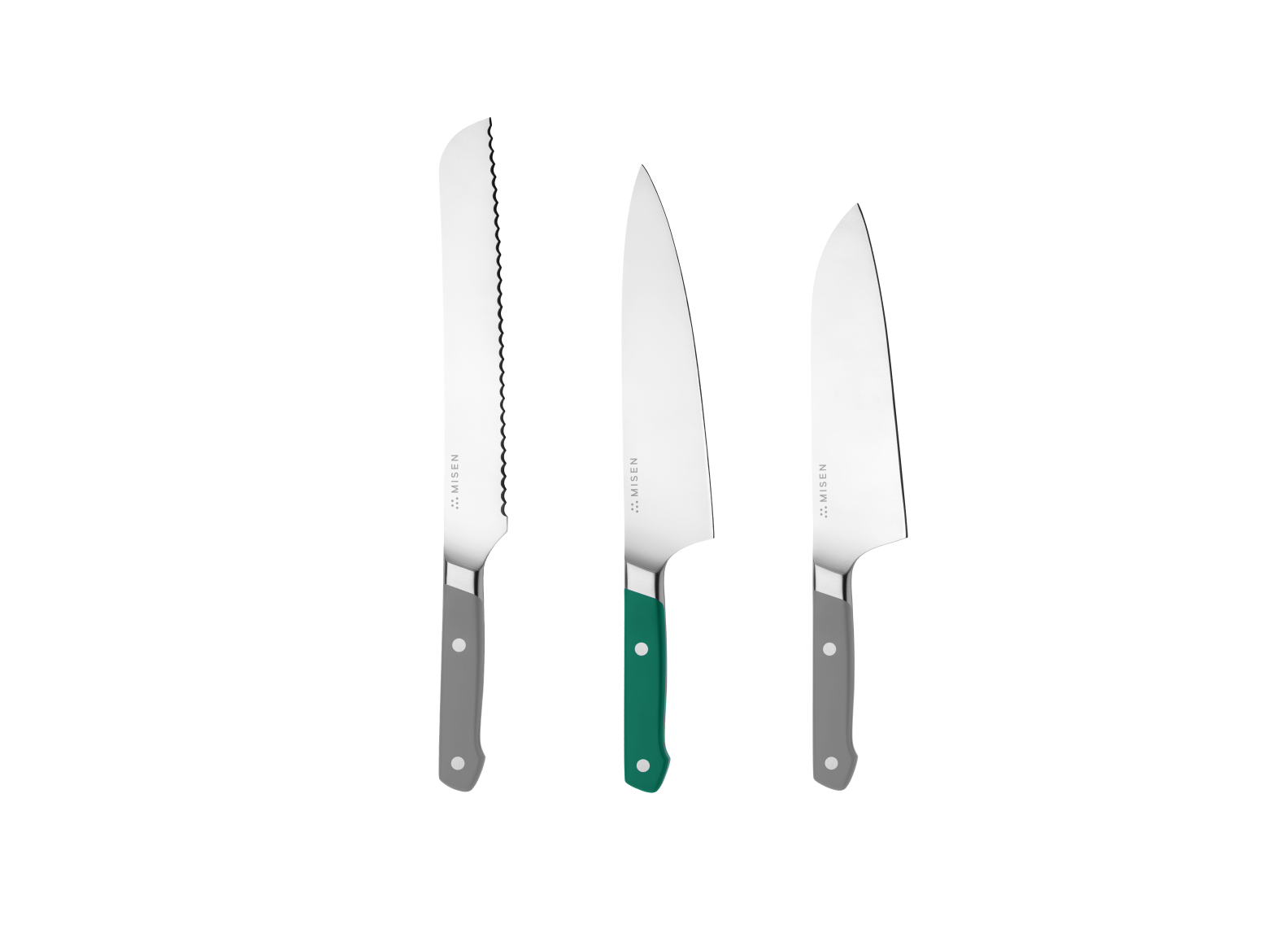 The Misen Big Knives bundle comes with an 8 inch gray Serrated Knife, a green 8 inch Chef's Knife and a gray 8 inch Santoku Knife.