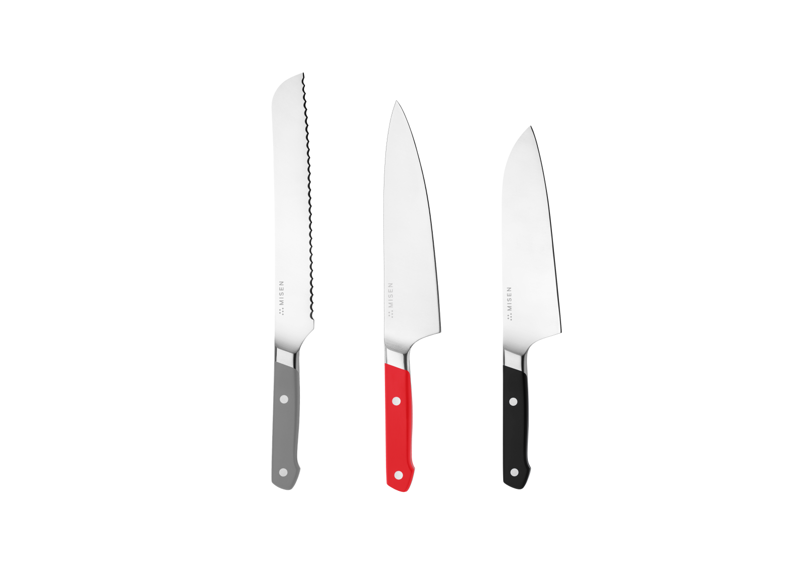 The Misen Big Knives bundle comes with an 8 inch gray Serrated Knife, a red 8 inch Chef's Knife and a black 8 inch Santoku Knife.