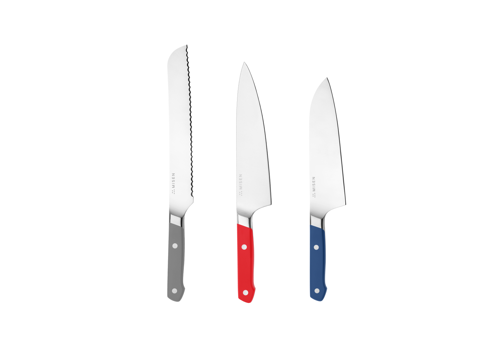 The Misen Big Knives bundle comes with an 8 inch gray Serrated Knife, a red 8 inch Chef's Knife and a blue 8 inch Santoku Knife.