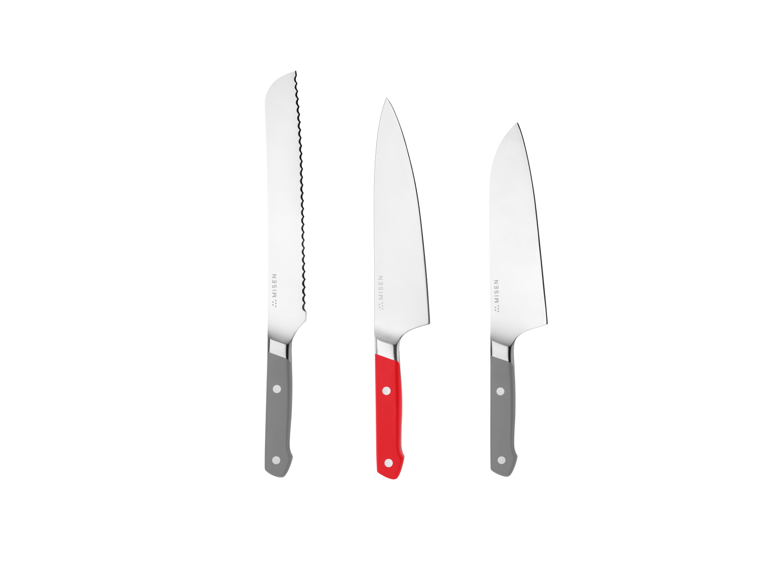 The Misen Big Knives bundle comes with an 8 inch gray Serrated Knife, a red 8 inch Chef's Knife and a gray 8 inch Santoku Knife.