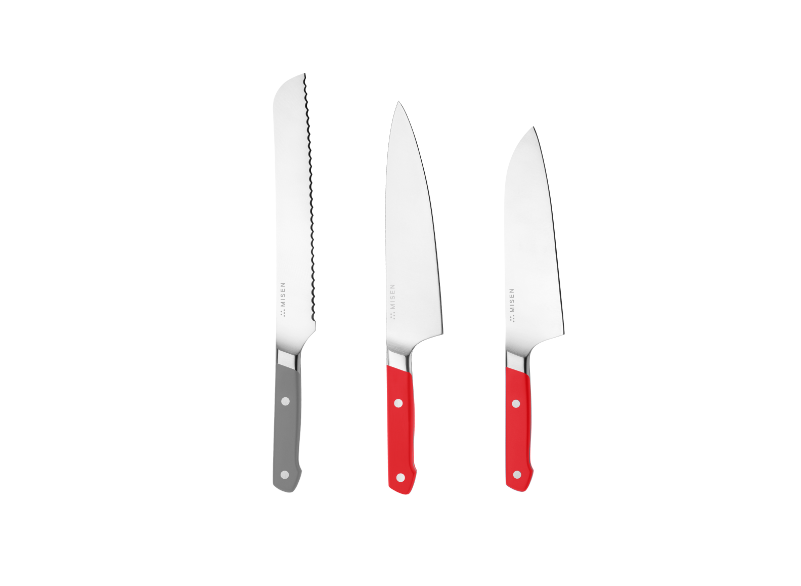 The Misen Big Knives bundle comes with an 8 inch gray Serrated Knife, a red 8 inch Chef's Knife and a red 8 inch Santoku Knife.