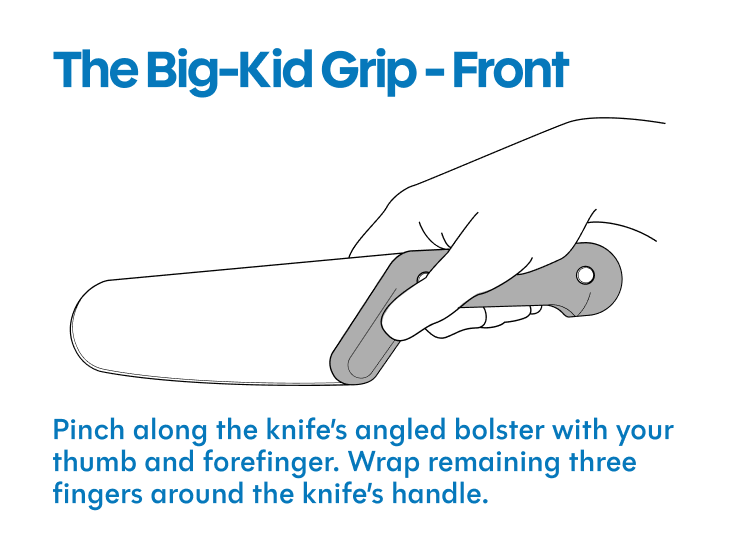 Big-Kid Grip knife holding technique showing pinch grip on bolster with thumb and forefinger
