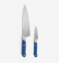 Misen chef knife and paring knife set with blue handles
