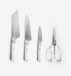 Misen kitchen knife set with chef knife, santoku, paring knife, and shears in white