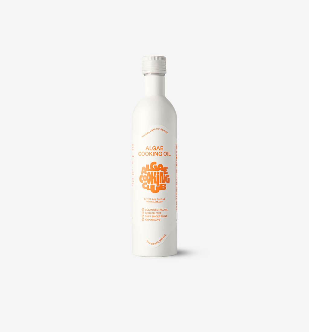 Algae Cooking Club algae cooking oil in white aluminum bottle, seed oil free with 535°F smoke point