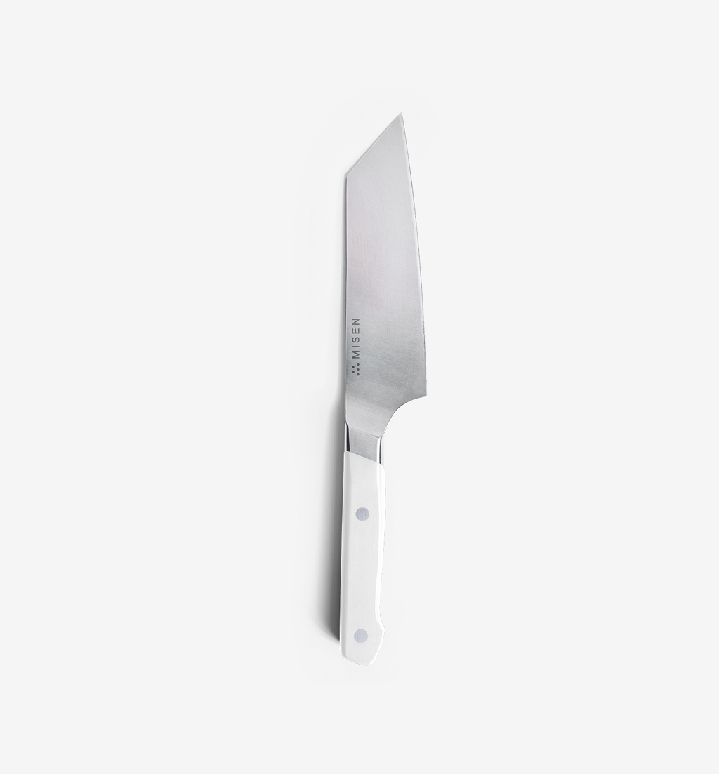 Misen chef's knife with white handle and stainless steel blade