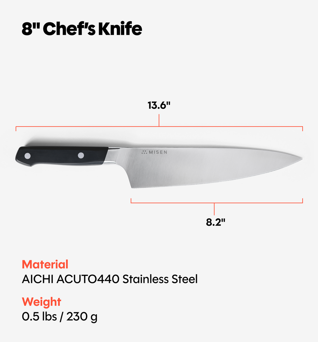 Misen 8-inch Chef's Knife specs: AICHI ACUTO440 stainless steel, 13.6" overall, 8.2" blade, 0.5 lbs